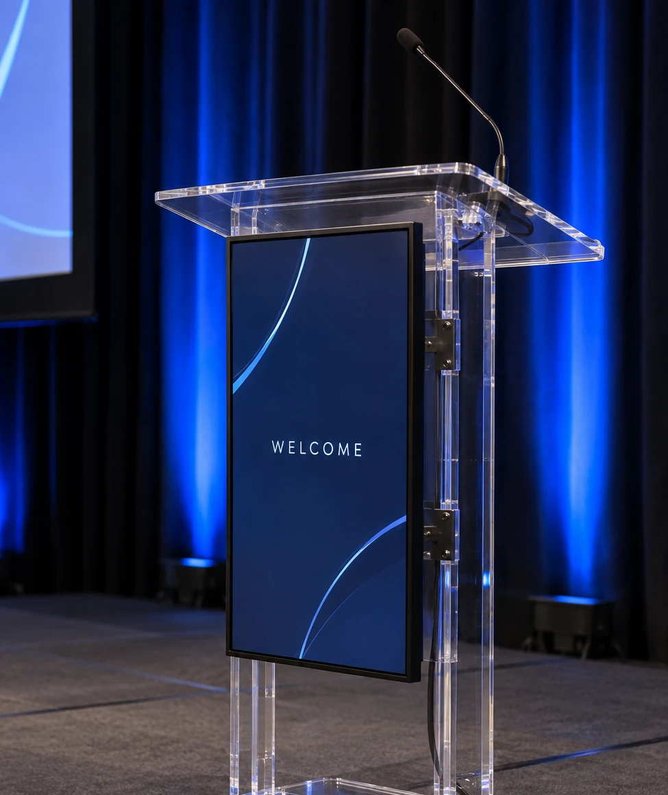 Clear acrylic lectern with a portrait video display